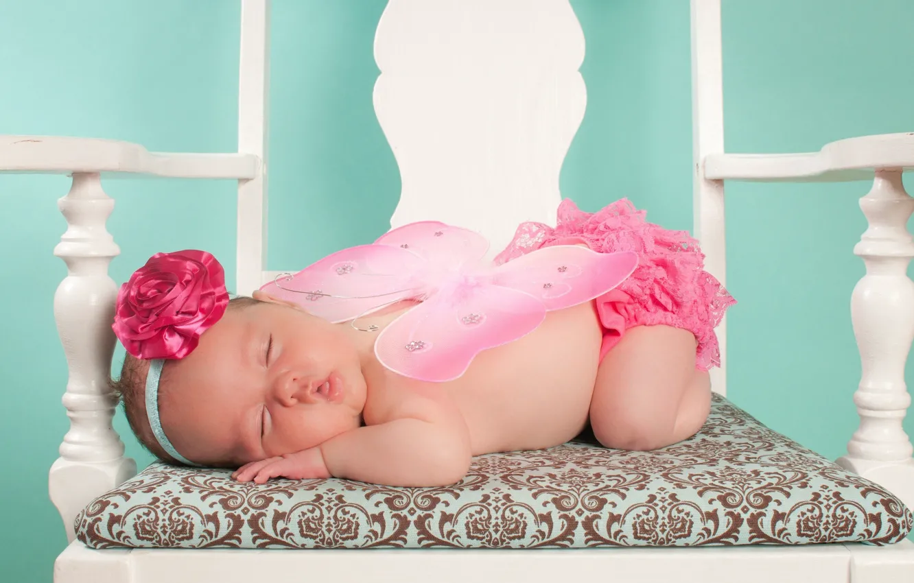 Photo wallpaper small, fairy, chair, girl, bow, baby