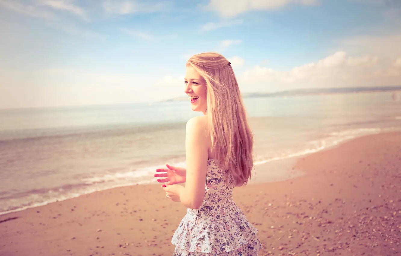 Photo wallpaper sand, beach, summer, girl, landscape, smile, mood, shore