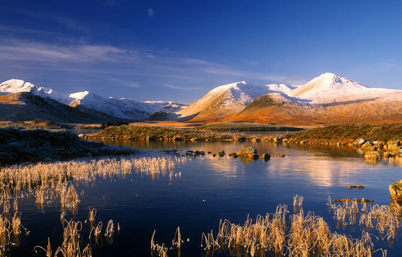 Photo wallpaper snow, lake, stones, hills