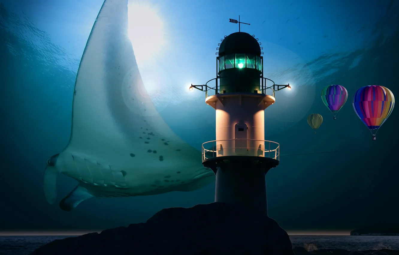 Photo wallpaper sea, rays, balloon, the ocean, lighthouse, depth, SKAT, under water