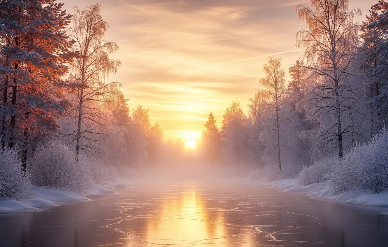 Photo wallpaper ice, winter, the sky, sunset, art