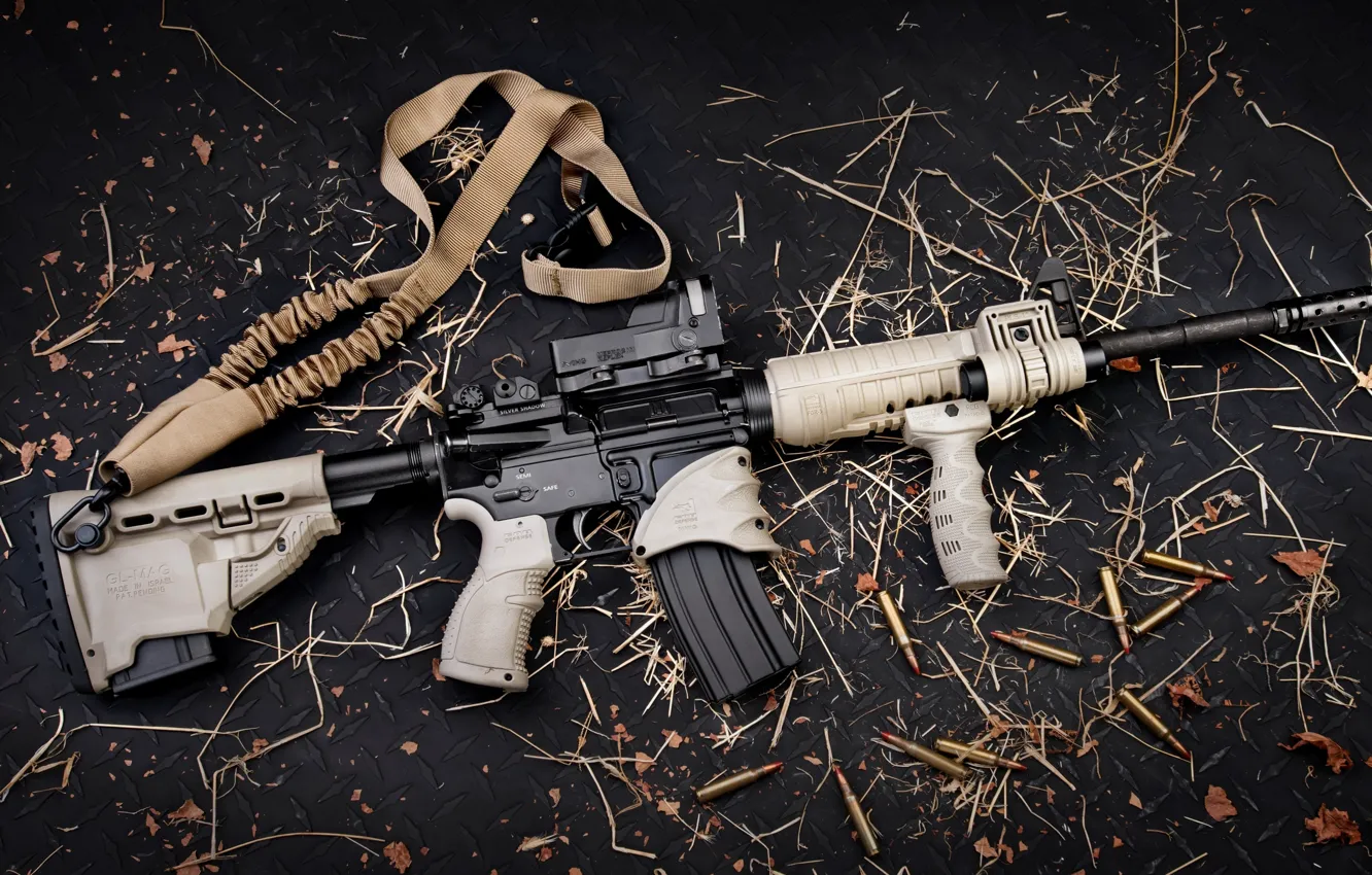 Photo wallpaper gun, logo, weapon, leaves, rifle, konoha, AR-15, ammunition