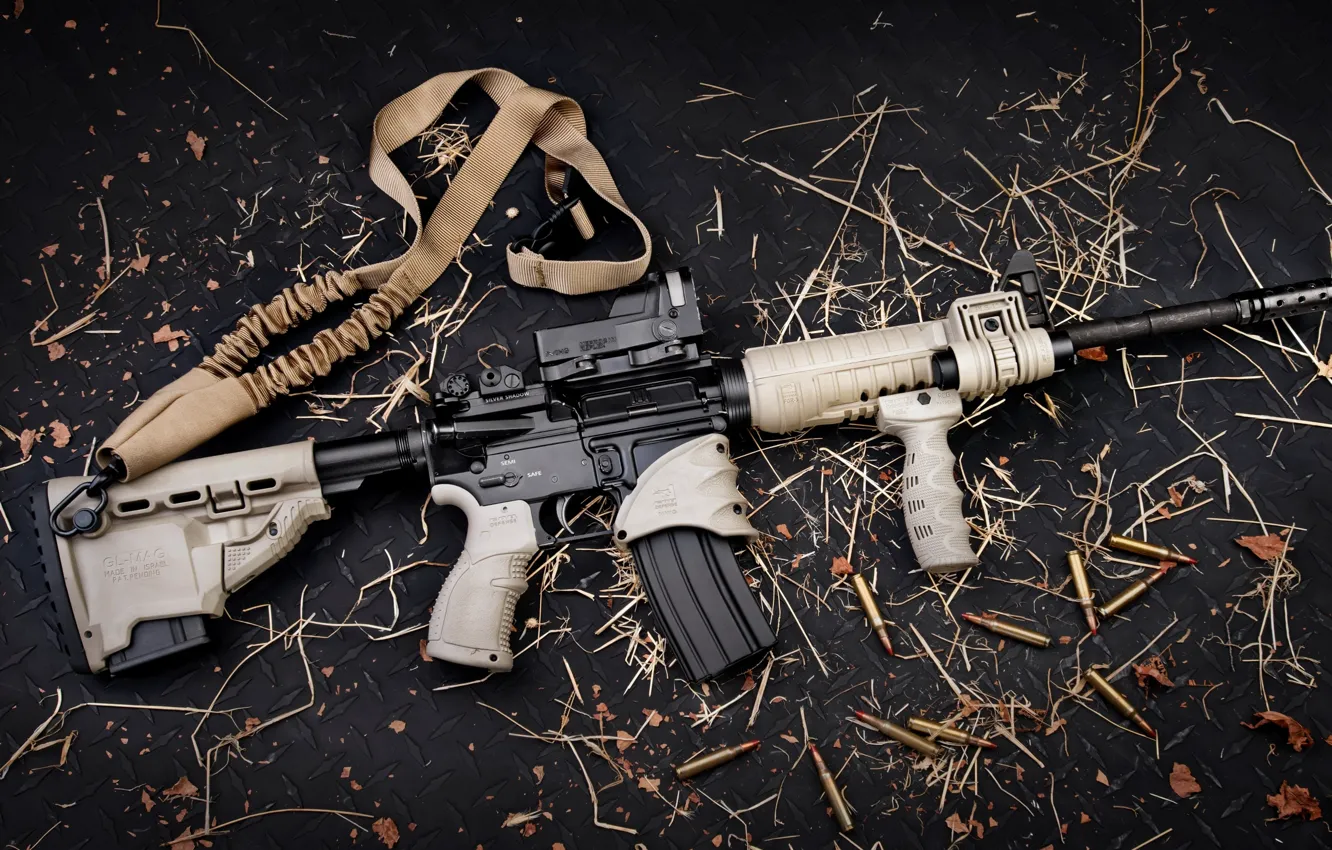 Photo wallpaper gun, logo, weapon, leaves, rifle, AR-15, ammunition, bandolier