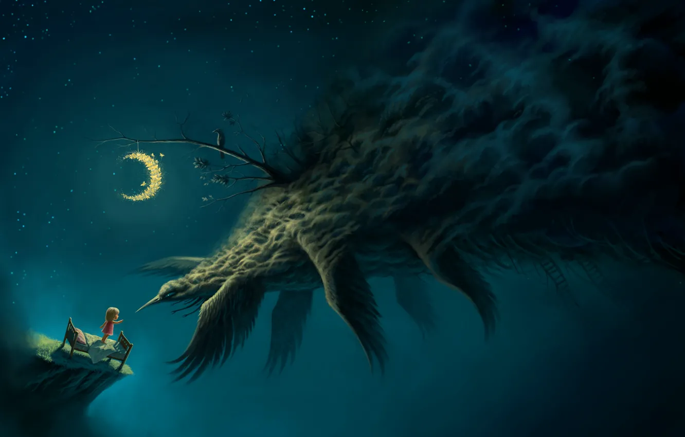 Photo wallpaper night, bird, bed, wings, monster, a month, art, ladder