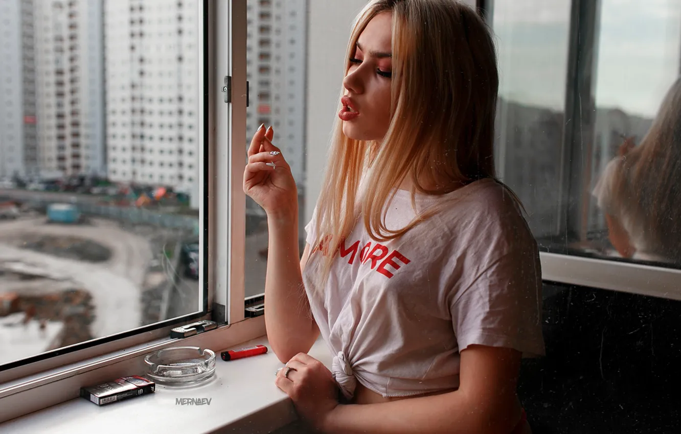 Photo wallpaper girl, long hair, photo, photographer, model, window, lips, cigarette