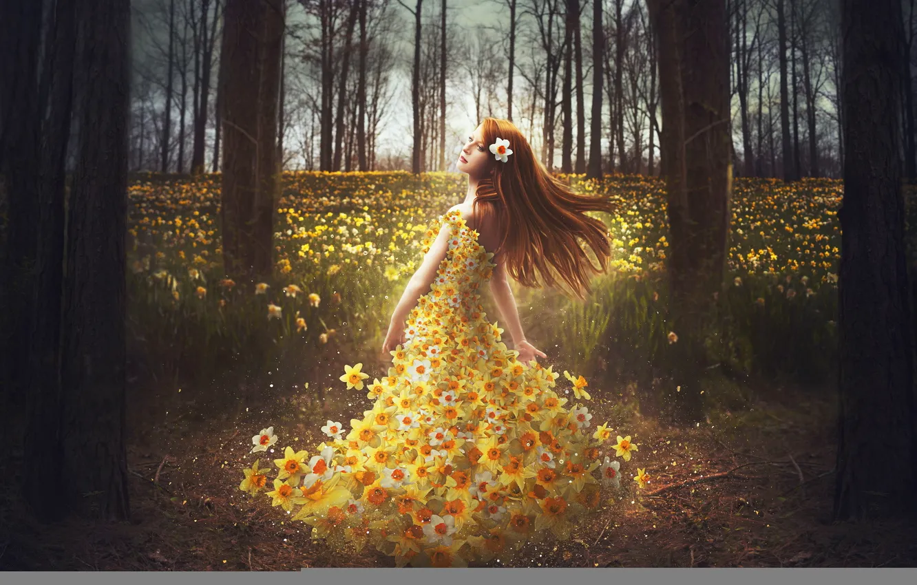 Photo wallpaper girl, flowers, dress