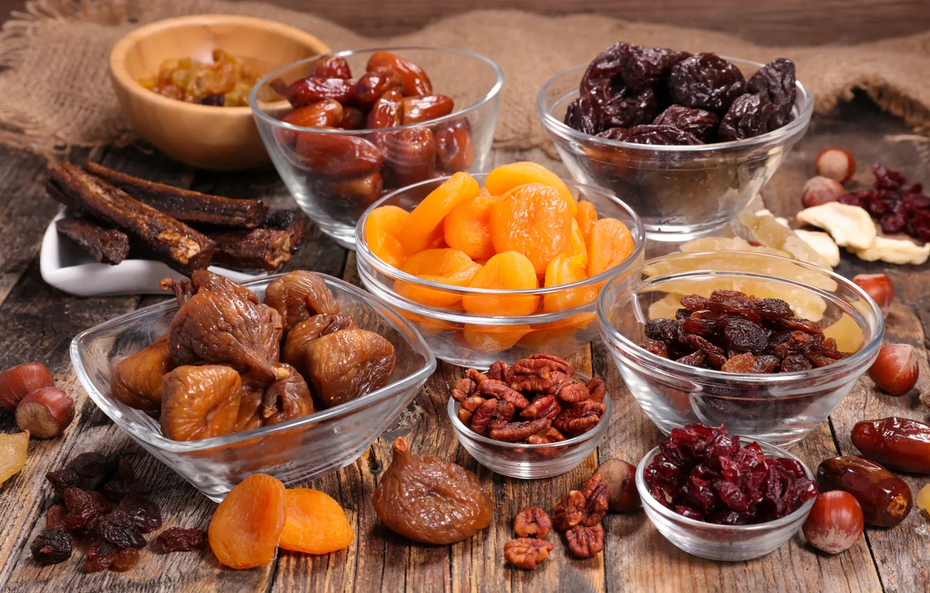 Photo wallpaper nuts, fruit, nuts, raisins, peaches, dried apricots, dried fruits, prunes