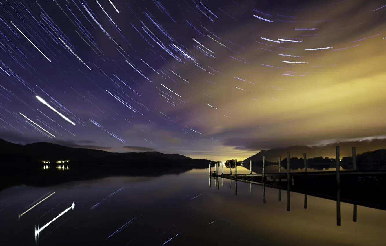 Photo wallpaper stars, landscape, night, bridge, lake