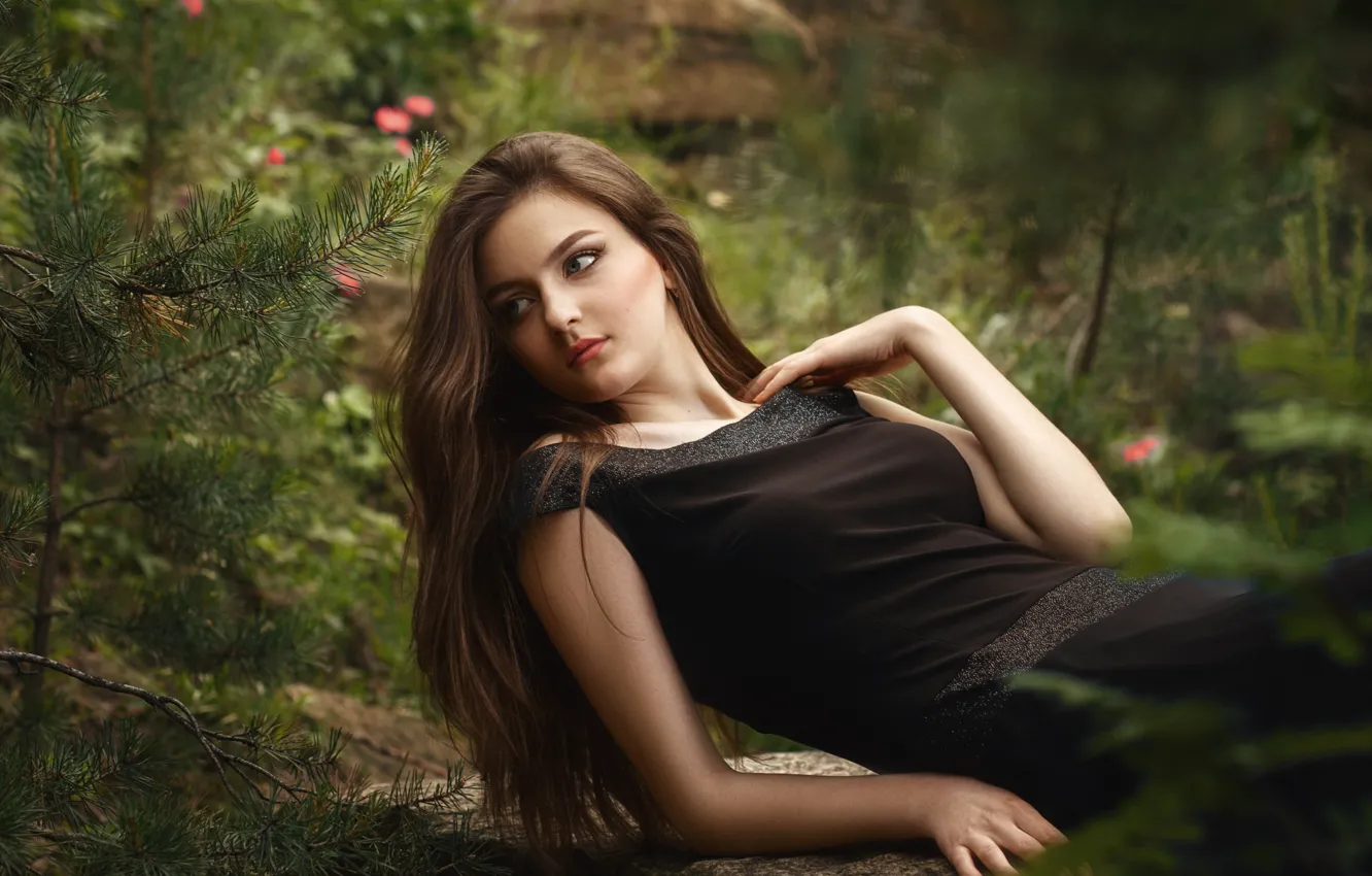 Photo wallpaper forest, look, girl, flowers, nature, pose, stones, sweetheart