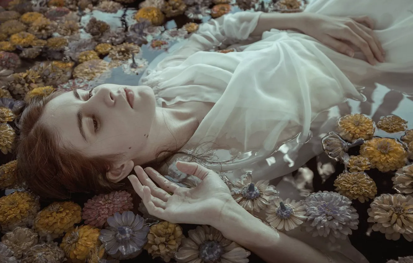 Photo wallpaper water, girl, flowers, face, pose, mood, the situation, hands