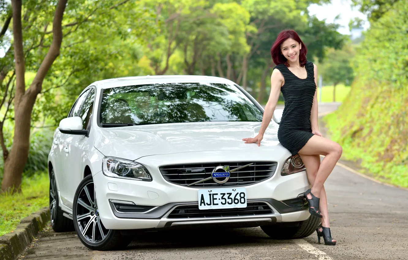 Photo wallpaper look, girl, smile, Asian, beautiful girl, white car, Volvo S60, posing on the car