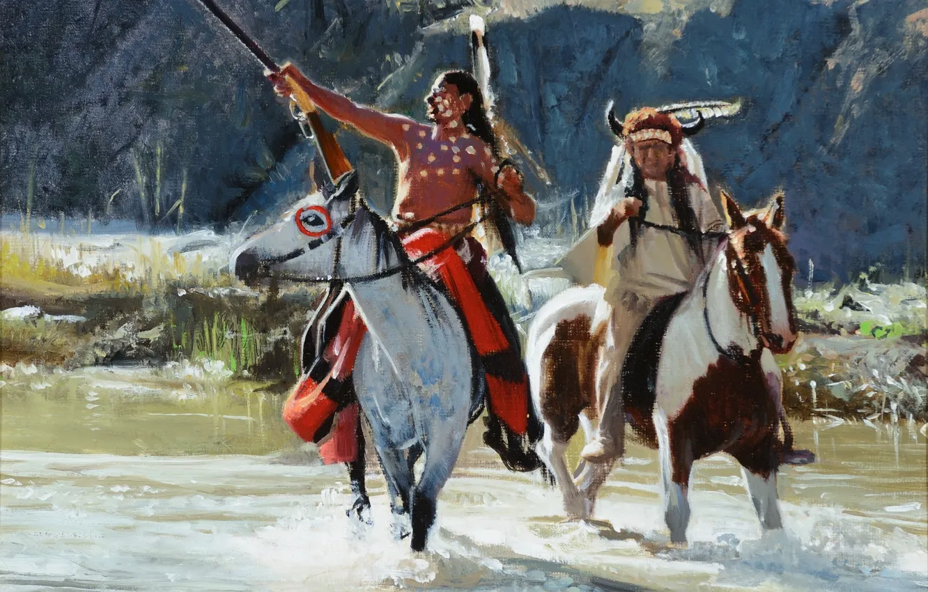 Photo wallpaper Picture, The Indians, Horse, Two, River, American artist, Donald Crowley, Don Crowley