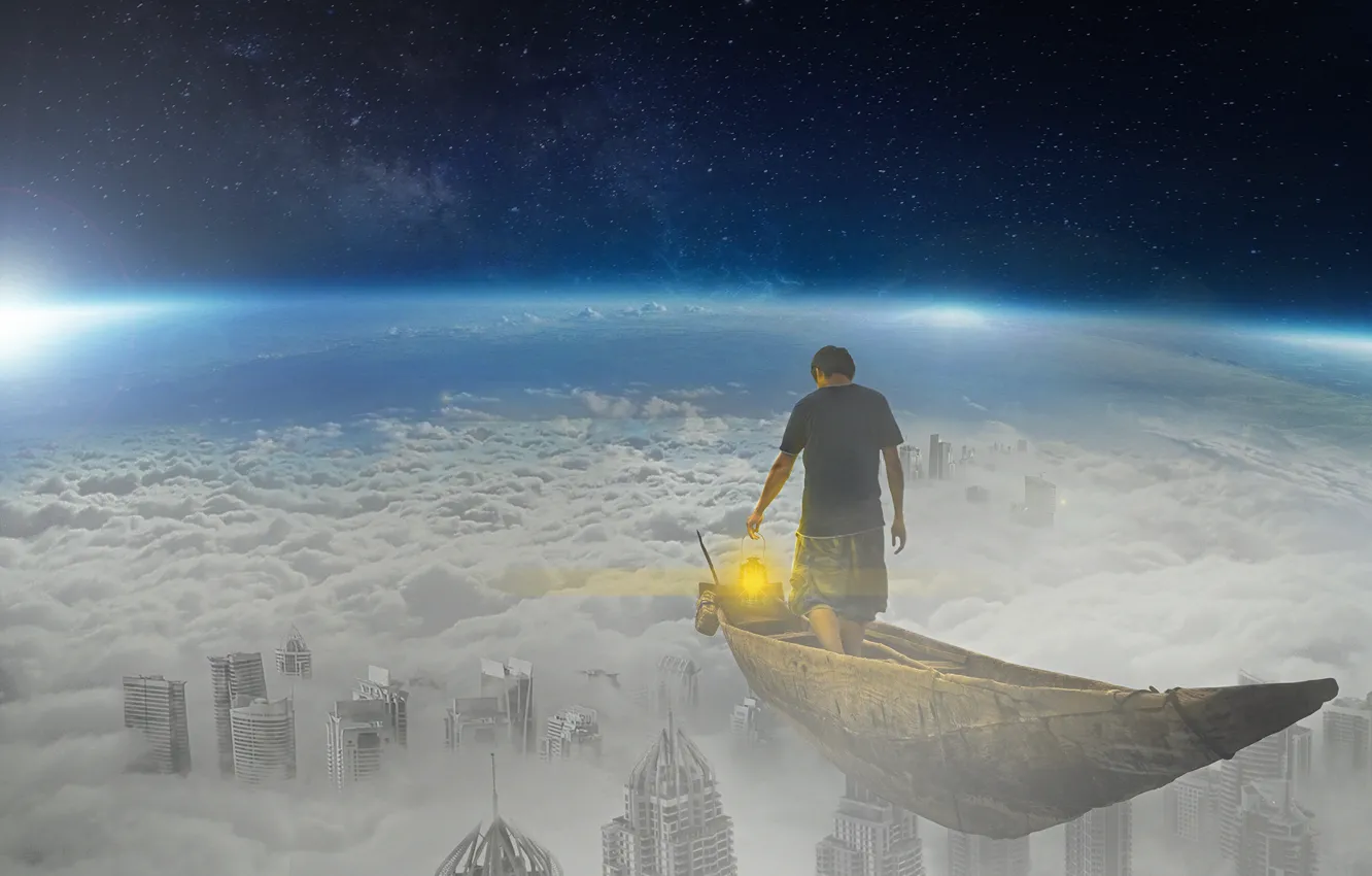 Photo wallpaper the sky, space, clouds, fiction, the world, boat, people, lantern