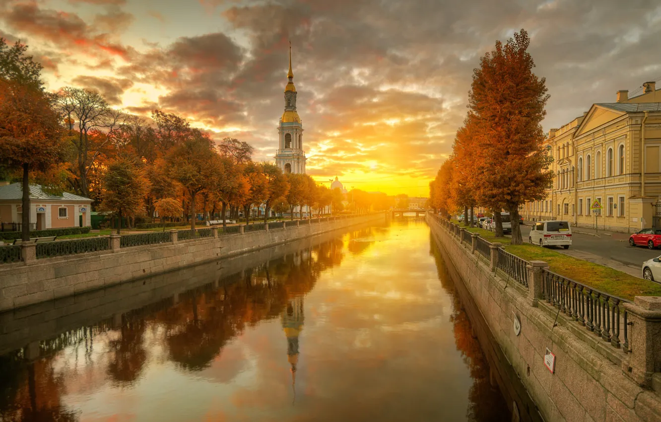 Photo wallpaper autumn, the sun, dawn, Church, channel, Saint Petersburg, Gordeev Edward