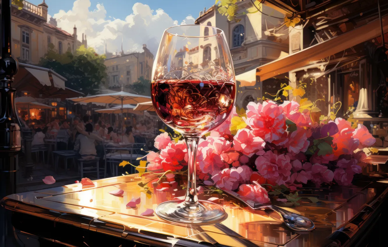 Photo wallpaper clouds, light, flowers, the city, table, wine, street, glass
