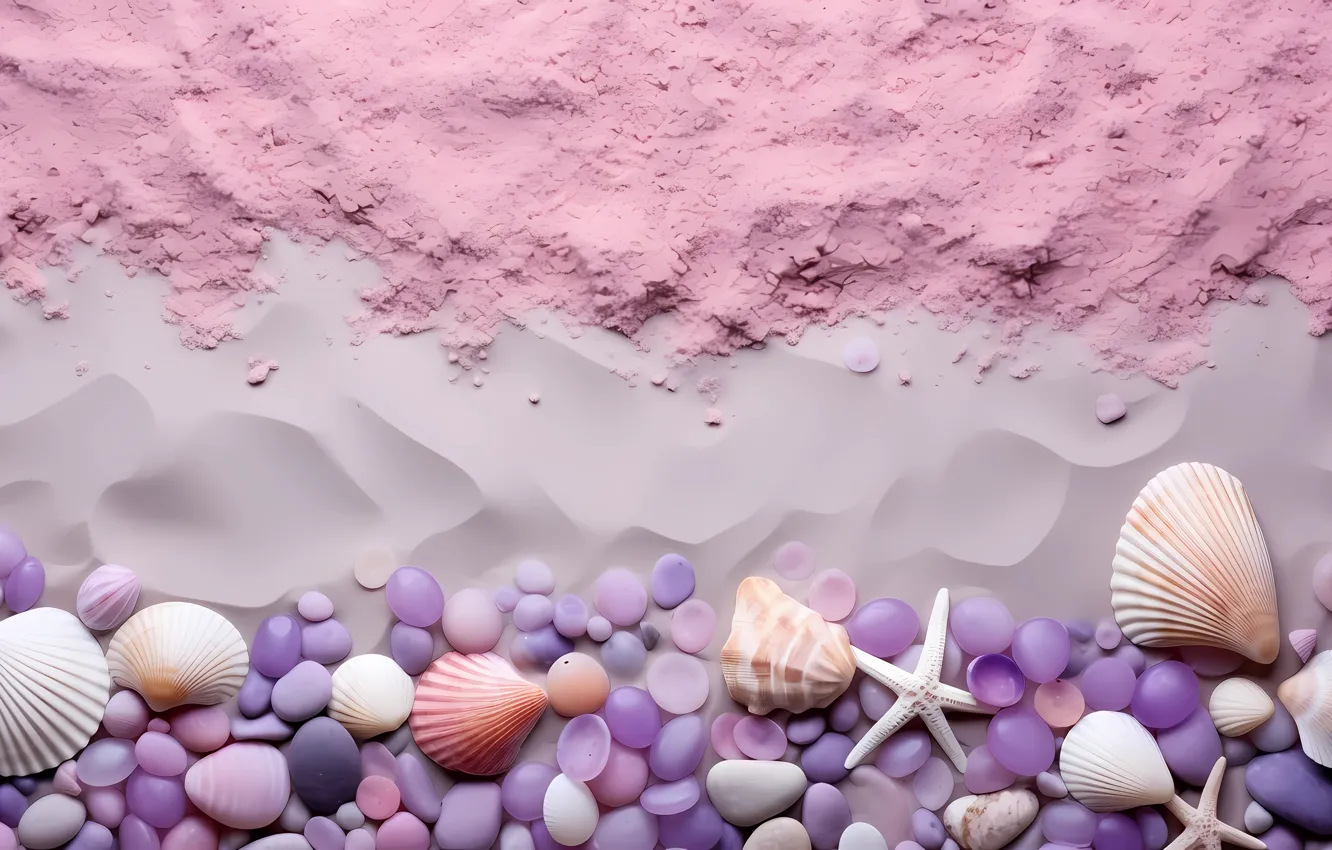 Photo wallpaper sand, shore, shell, starfish, seashells, seashell, AI art, neural network