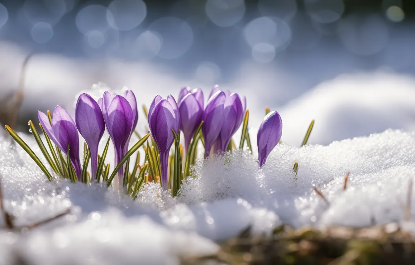 Photo wallpaper snow, flowers, spring, crocuses, buds, the snow, primroses, lilac