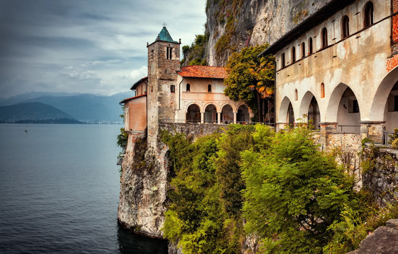 Photo wallpaper landscape, rock, lake, Italy, the monastery, Maggiore
