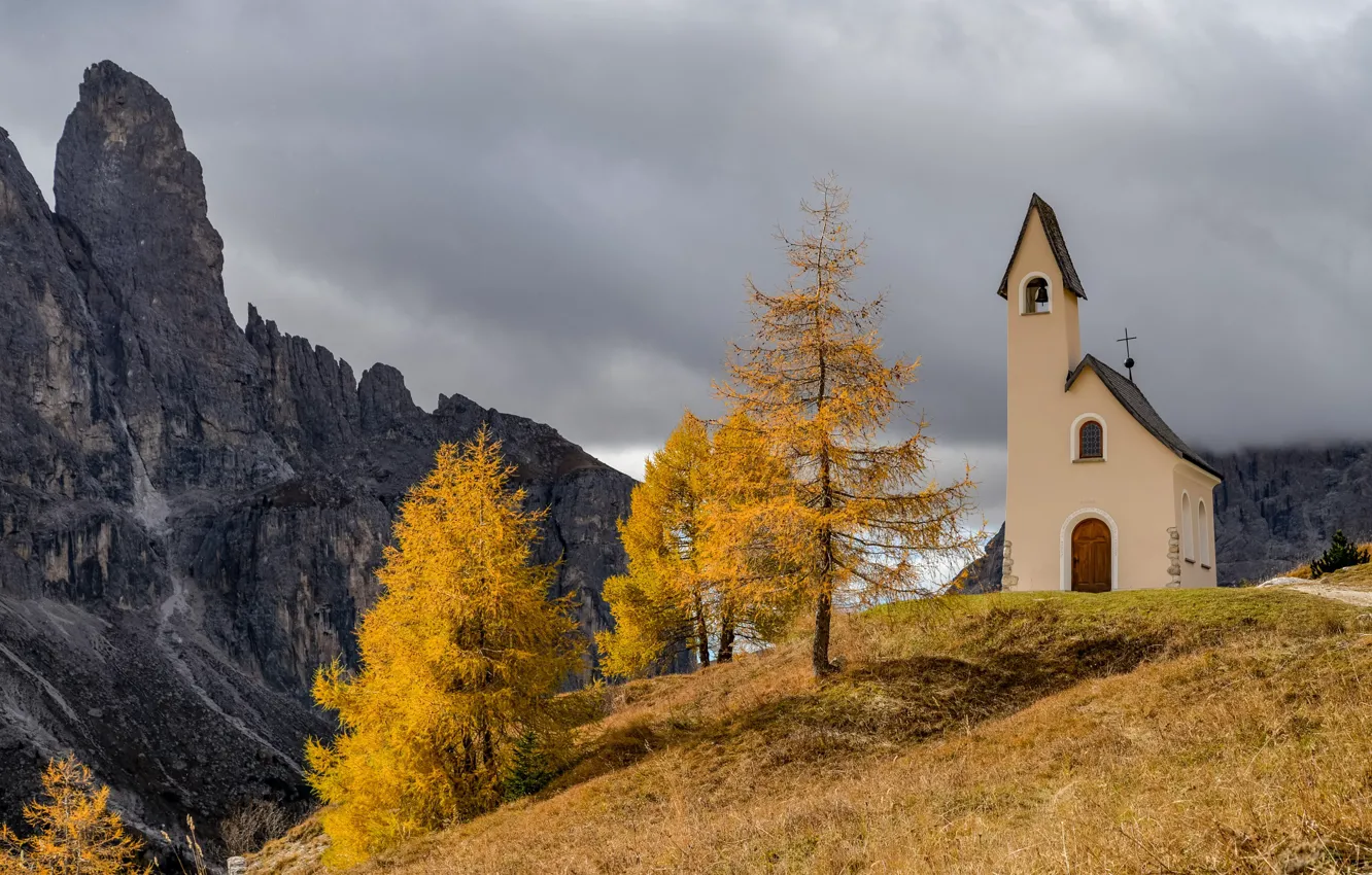 Photo wallpaper autumn, landscape, mountains, clouds, nature, Italy, Church, The Dolomites