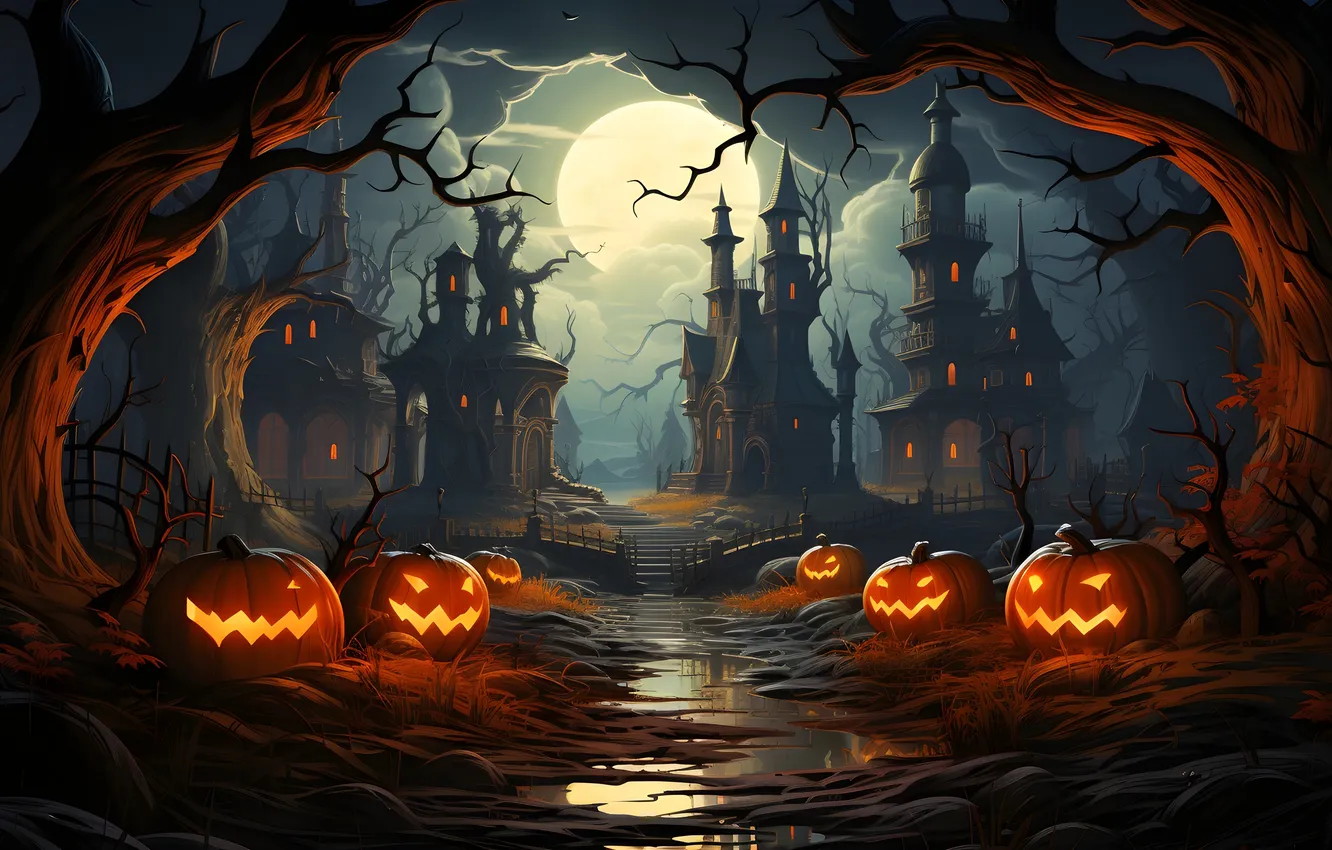 Photo wallpaper road, trees, night, clouds, lights, the moon, the fence, home