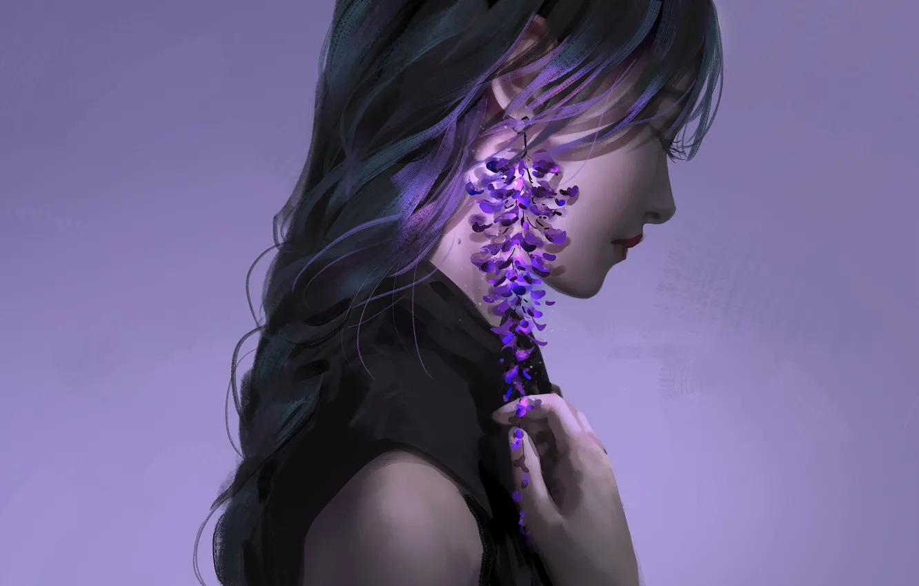 Photo wallpaper girl, dress, art, brunette, artist, asian, digital art, artwork