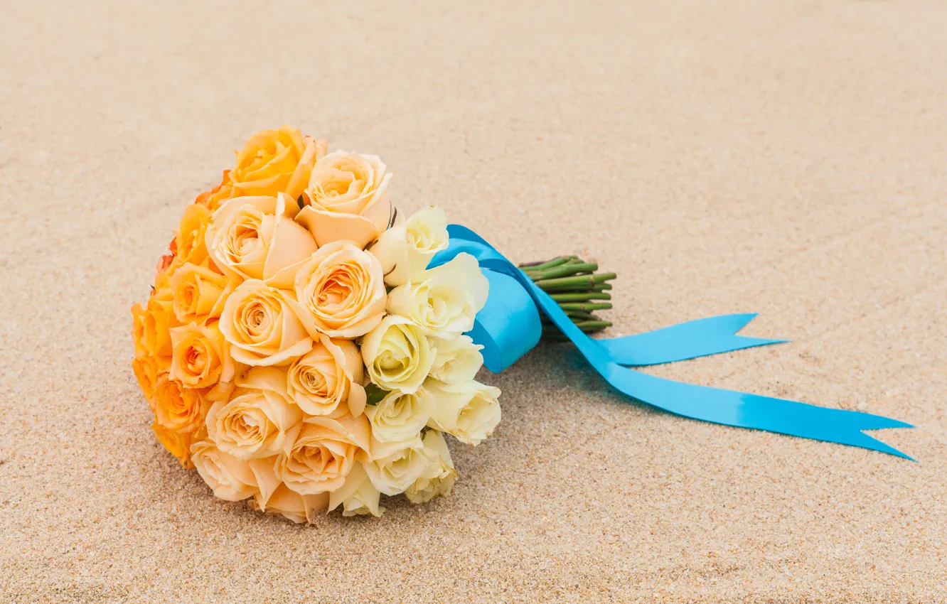 Photo wallpaper sand, roses, wedding bouquet, satin ribbon