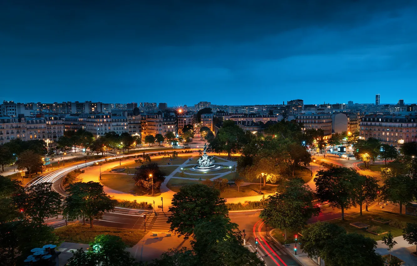 Photo wallpaper road, trees, lights, France, Paris, home, the evening, area