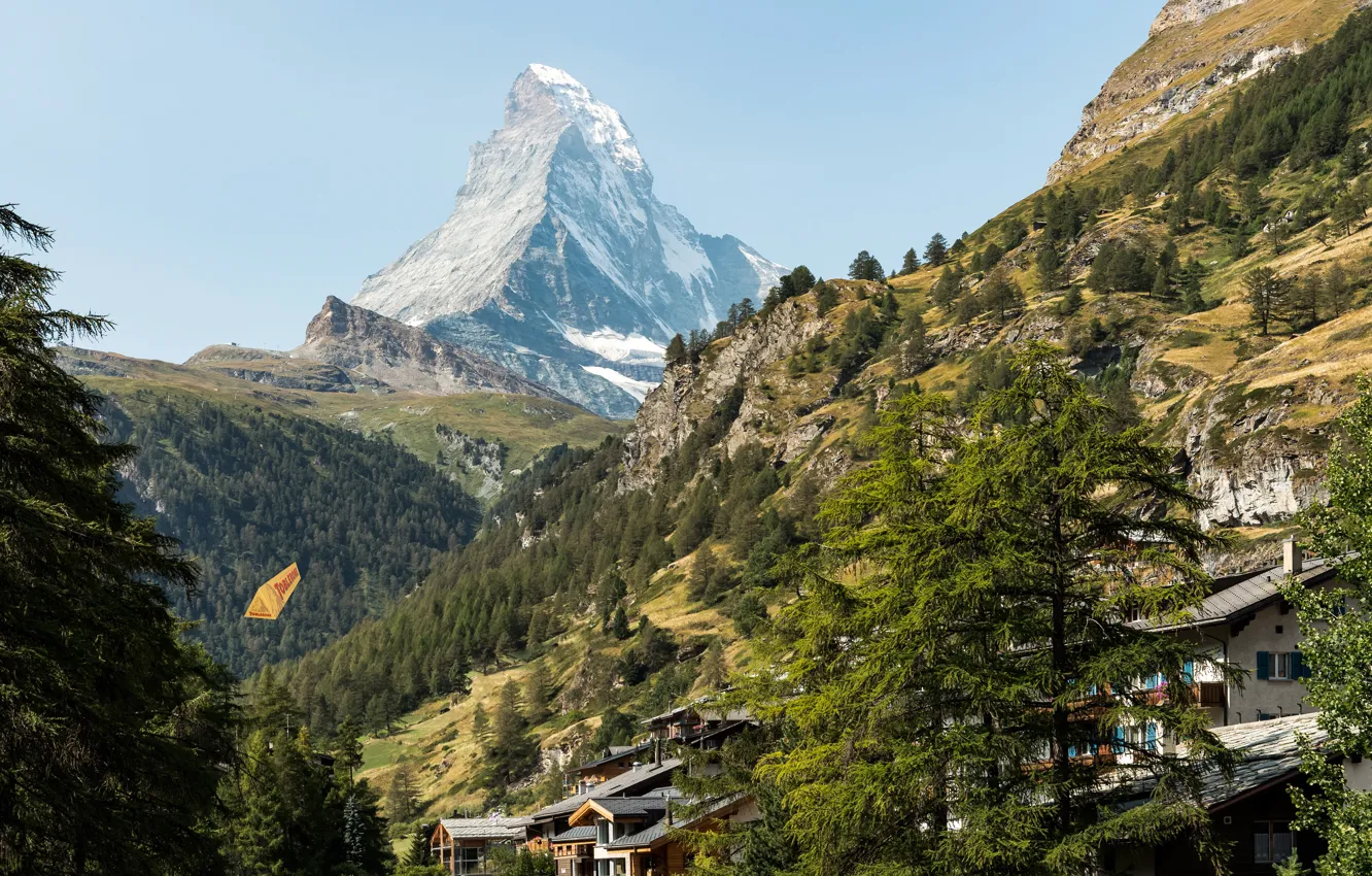 Photo wallpaper forest, the sky, the sun, trees, mountains, stones, rocks, Switzerland