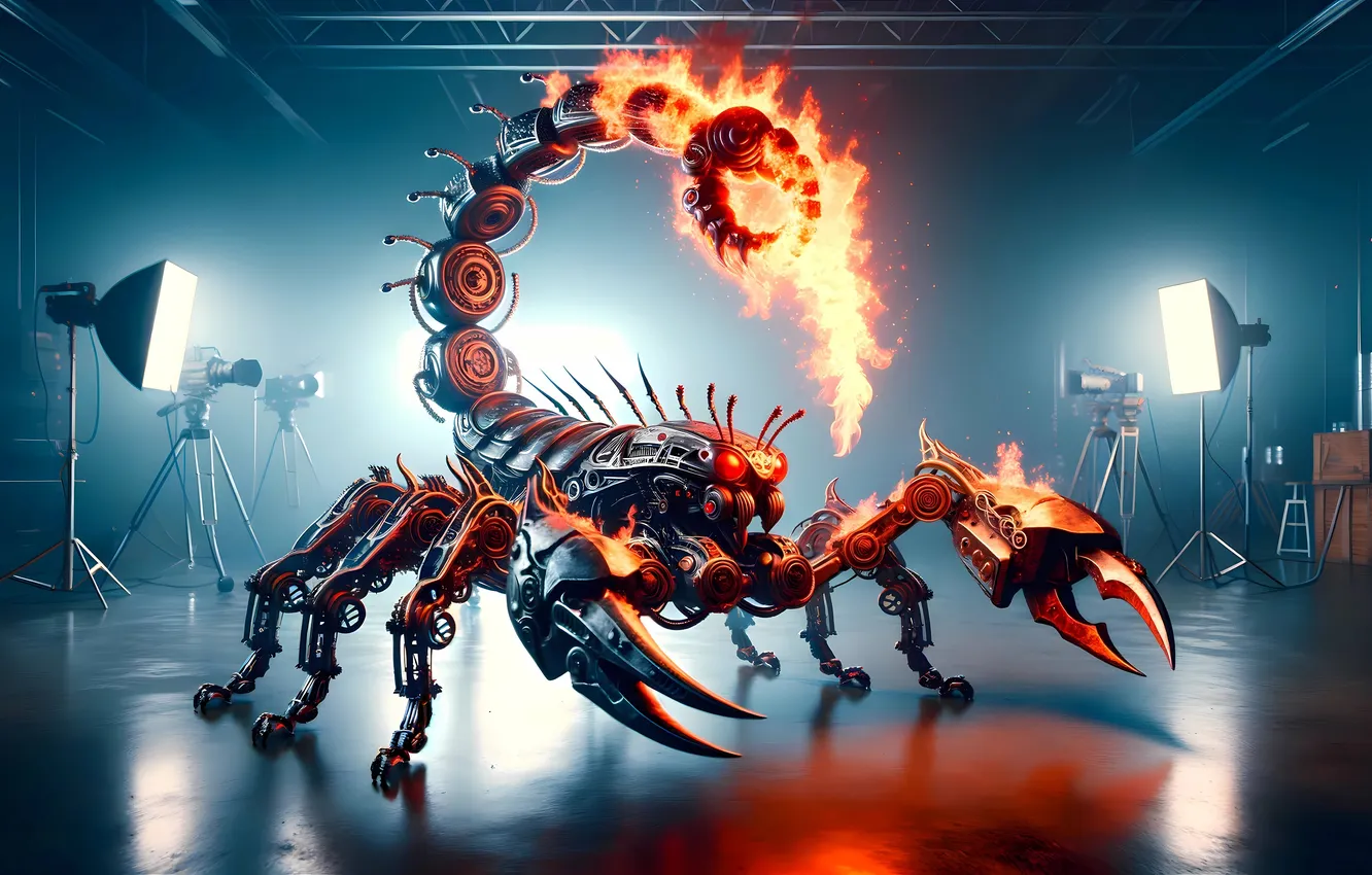 Photo wallpaper lights, flame, robot, lighting, Scorpio, spotlight