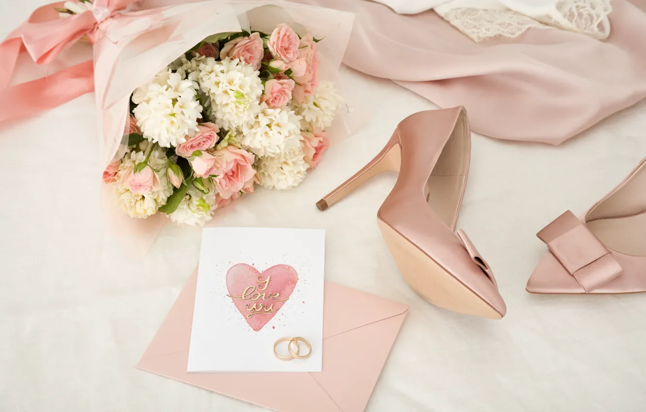 Photo wallpaper style, bouquet, Pink, dress, shoes, Rings, wedding, Romantic