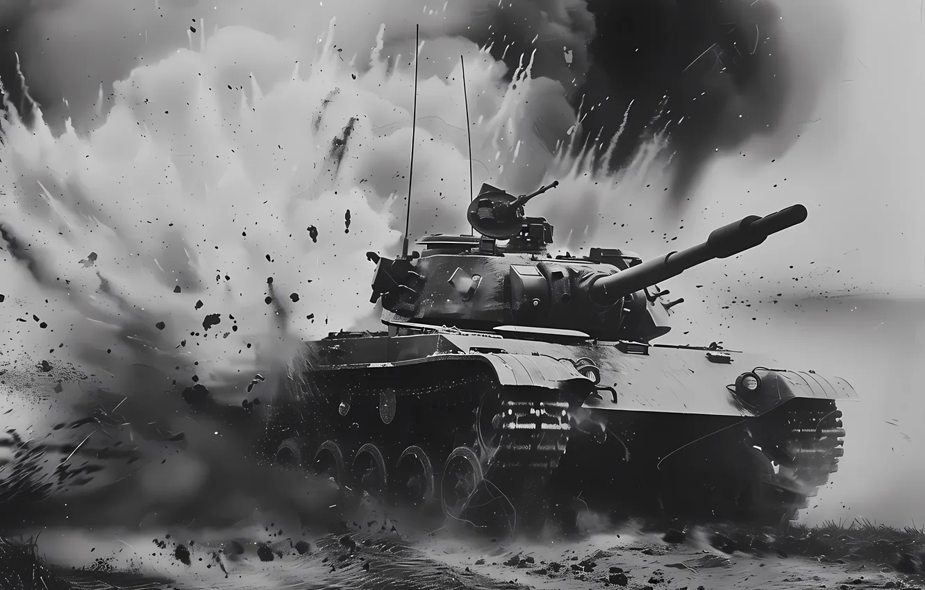 Photo wallpaper the explosion, retro, tank, black and white, digital art, AI art, The Art of Artificial …