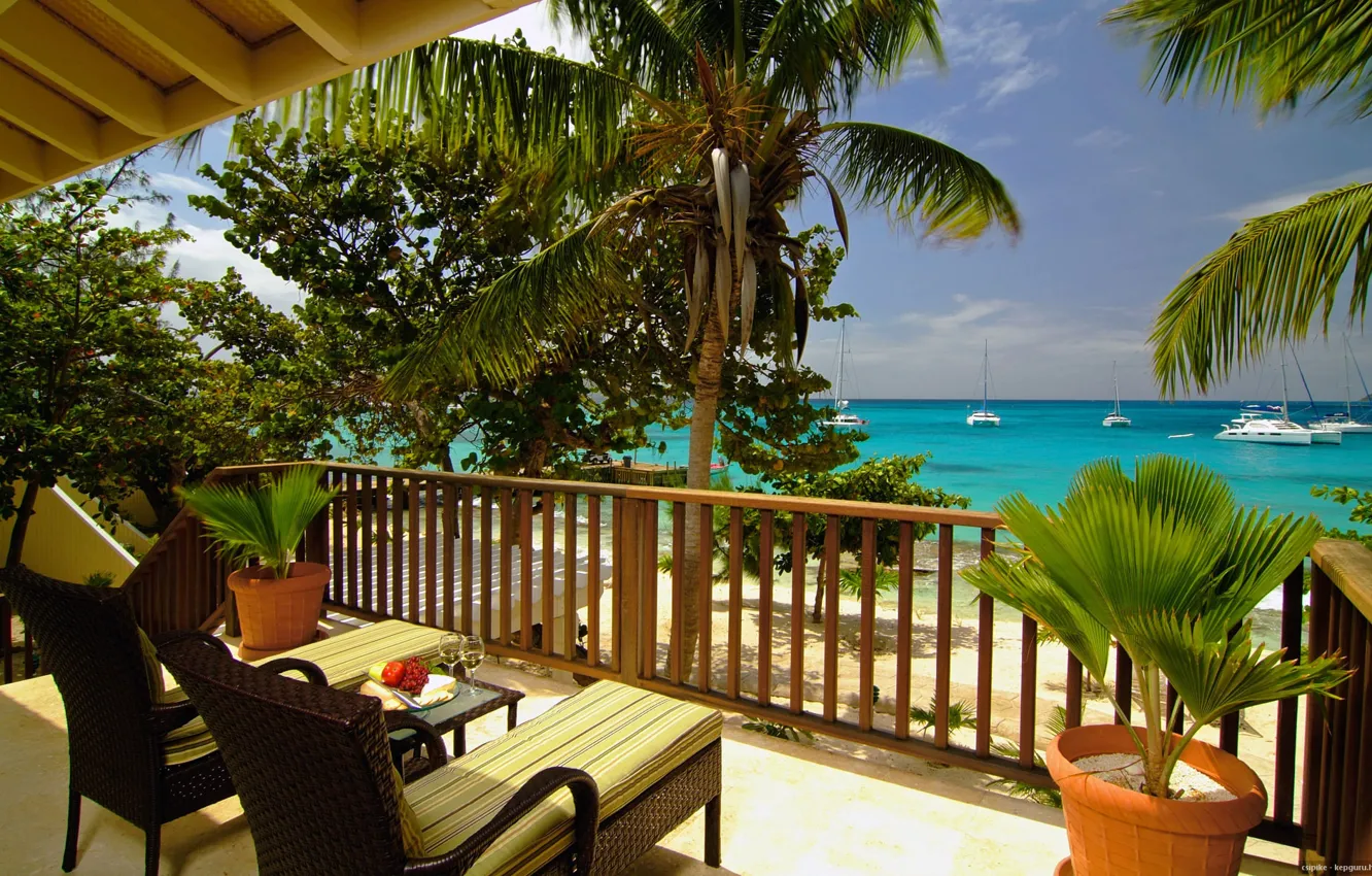 Photo wallpaper Sea, Yachts, Palm trees, Tropical island