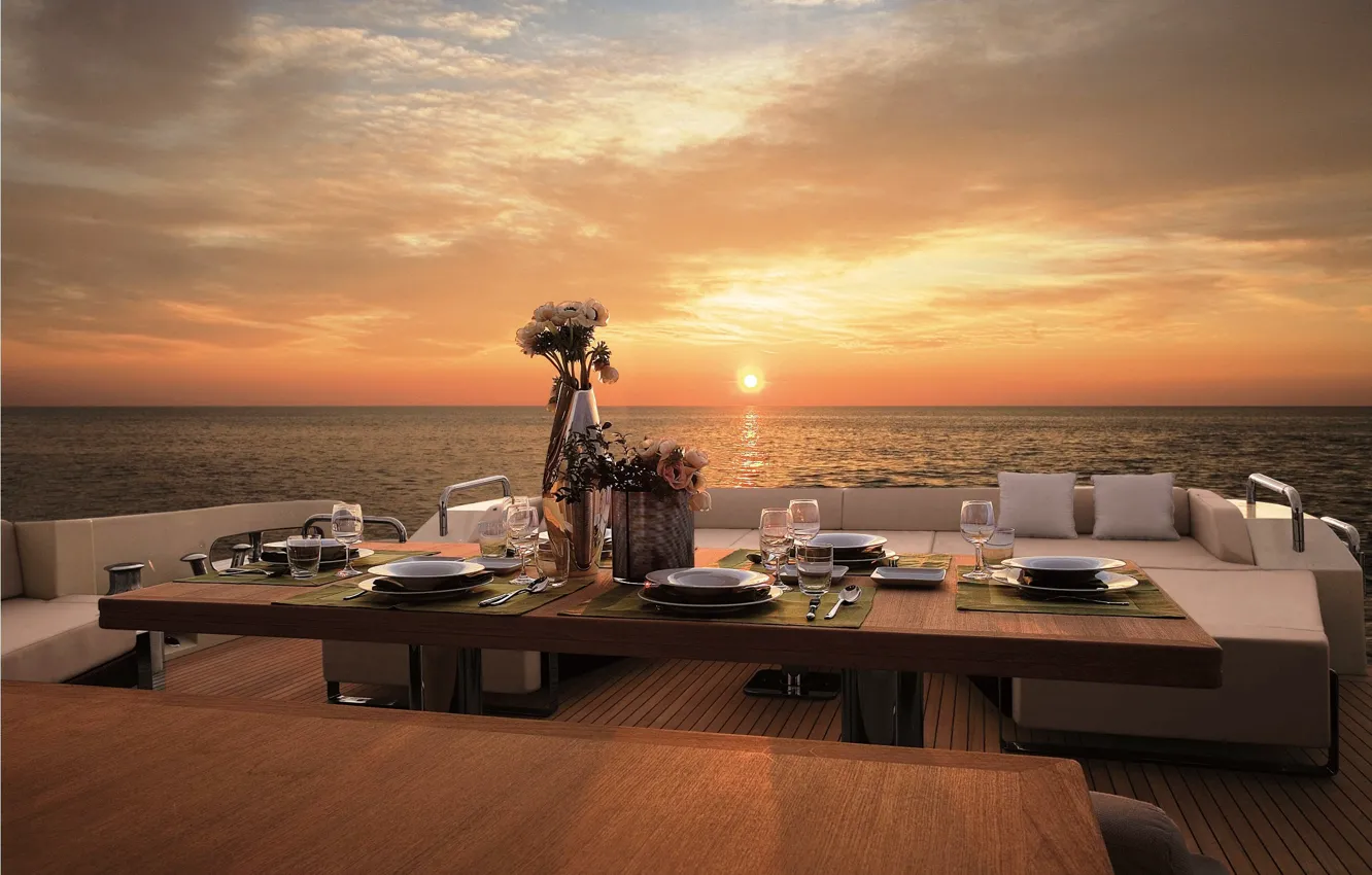 Photo wallpaper sunset, the ocean, the evening, yacht, deck, dinner