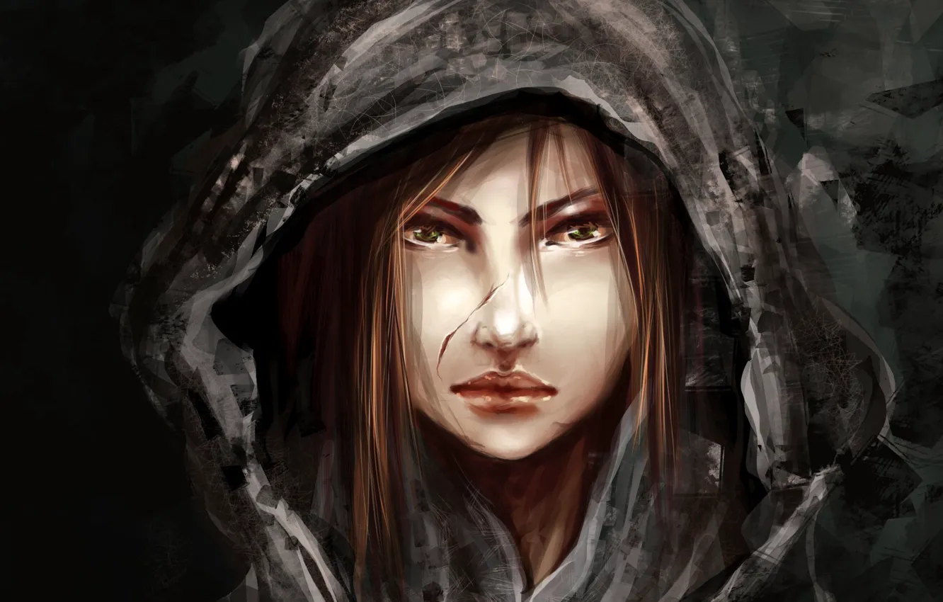 Photo wallpaper girl, hair, art, hood, green eyes