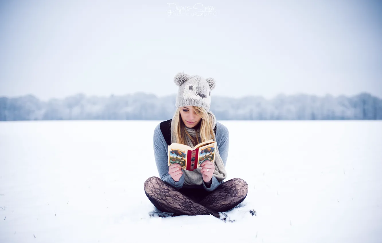 Photo wallpaper winter, girl, snow, hat, book, sitting