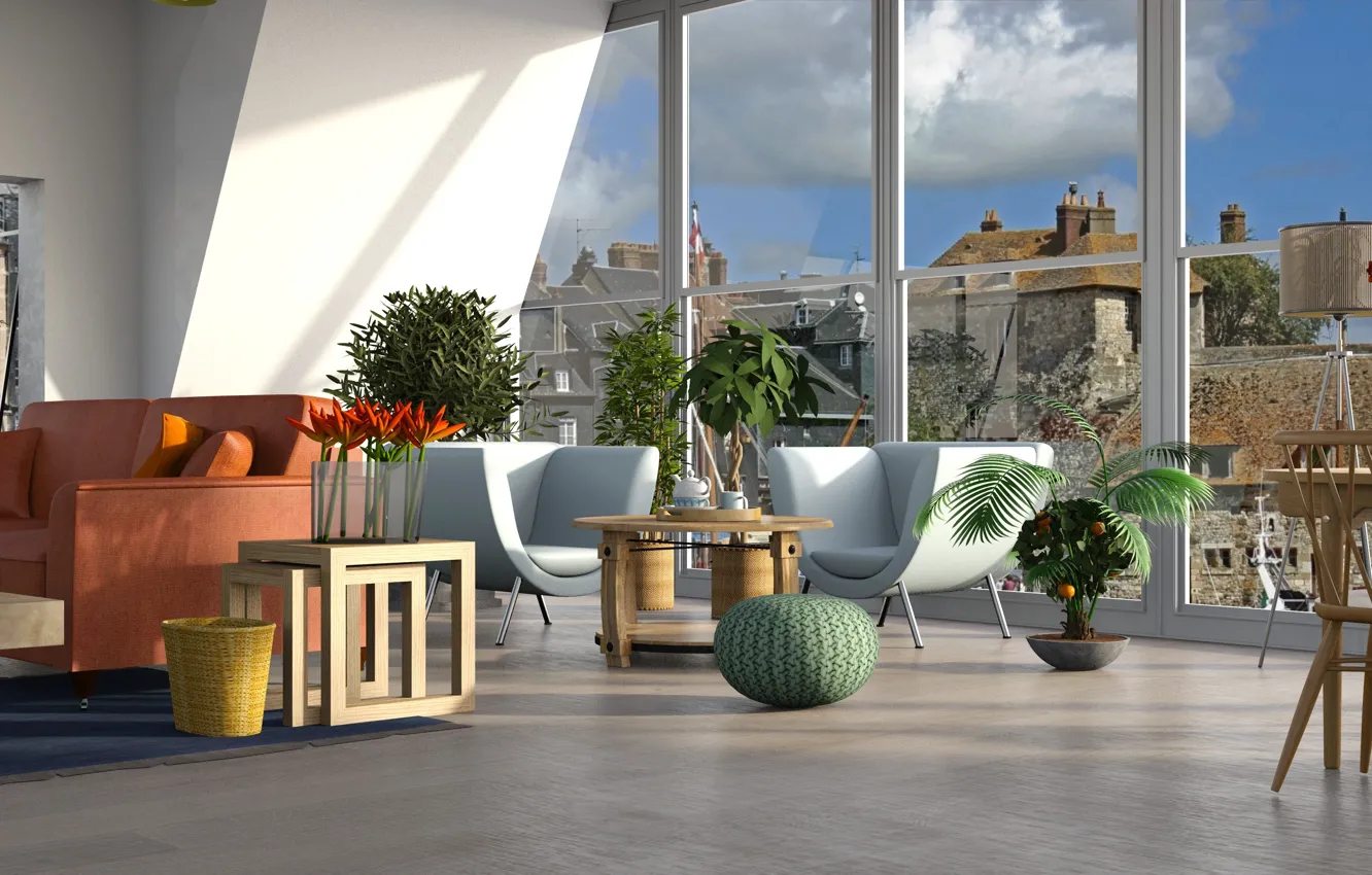 Photo wallpaper room, sofa, interior, chair, window, table, living room