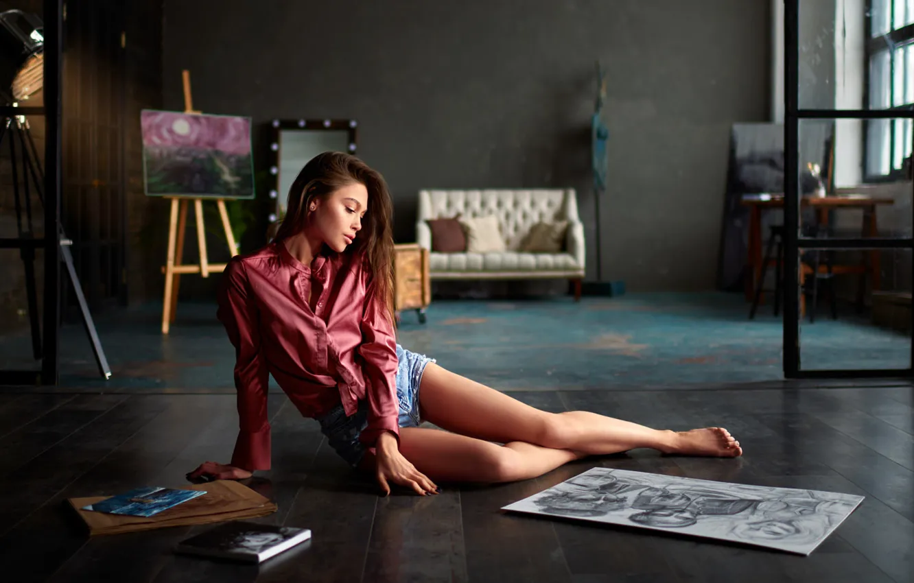 Photo wallpaper girl, Model, shorts, long hair, legs, brown hair, photo, barefoot