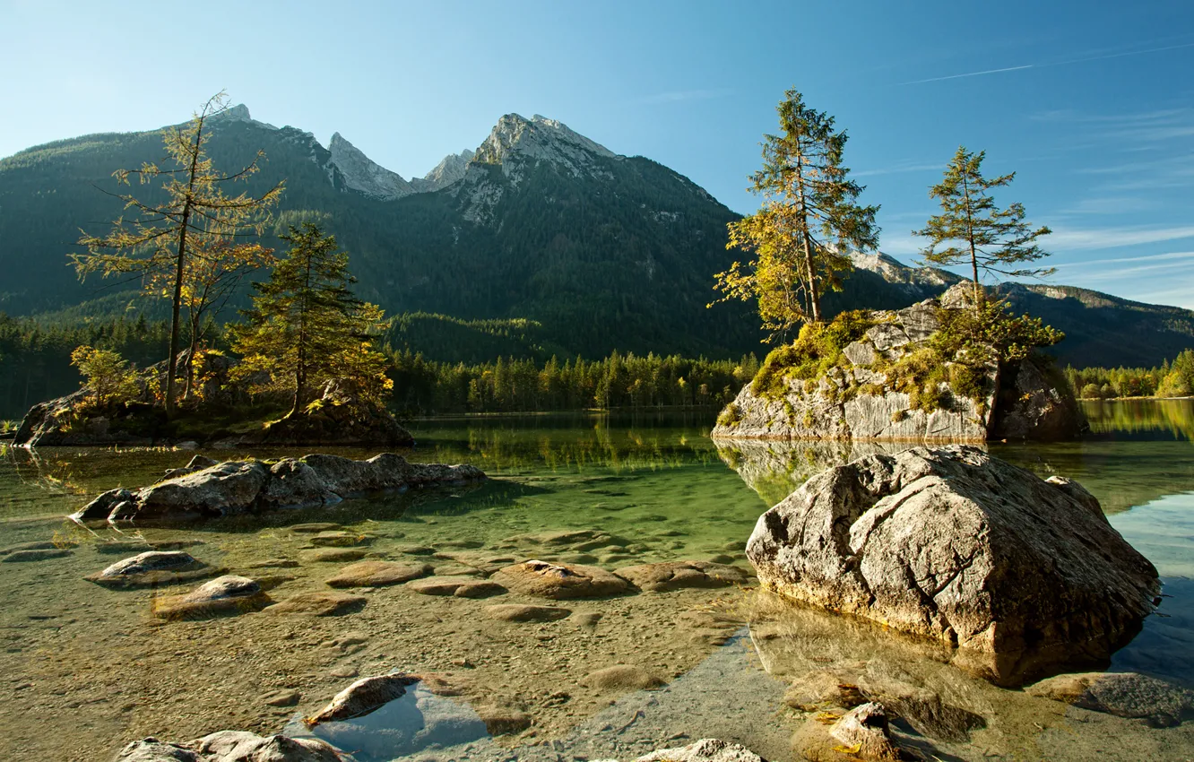 Photo wallpaper trees, mountains, river, stones, Germany, Alps, Germany, Bavaria