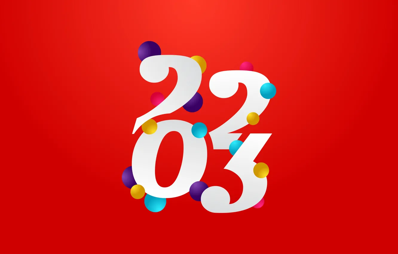Photo wallpaper balls, new year, figures, white, colorful, red background, date, 2023