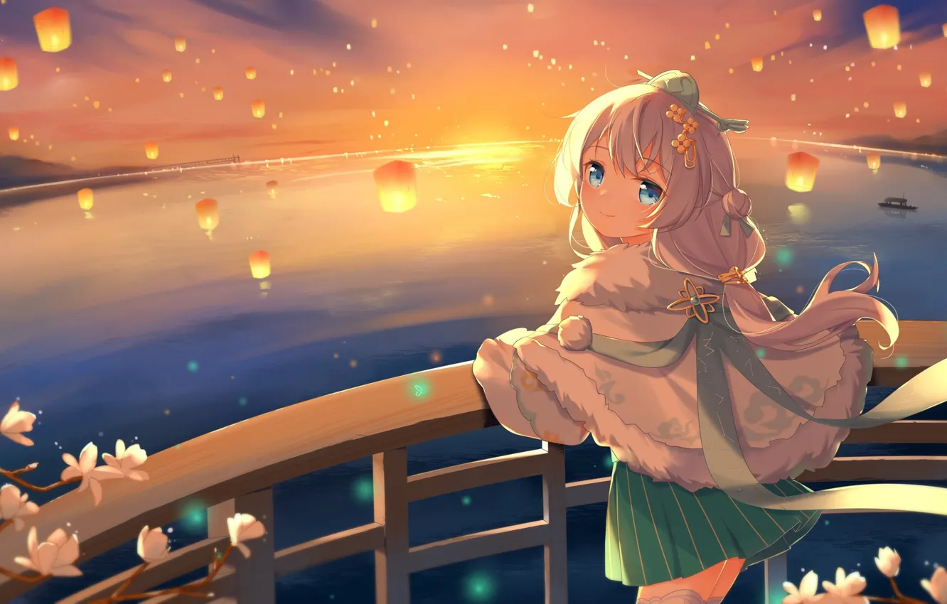 Photo wallpaper sunset, bridge, lanterns, Honkai Impact 3rd, Theresa Apocalypse