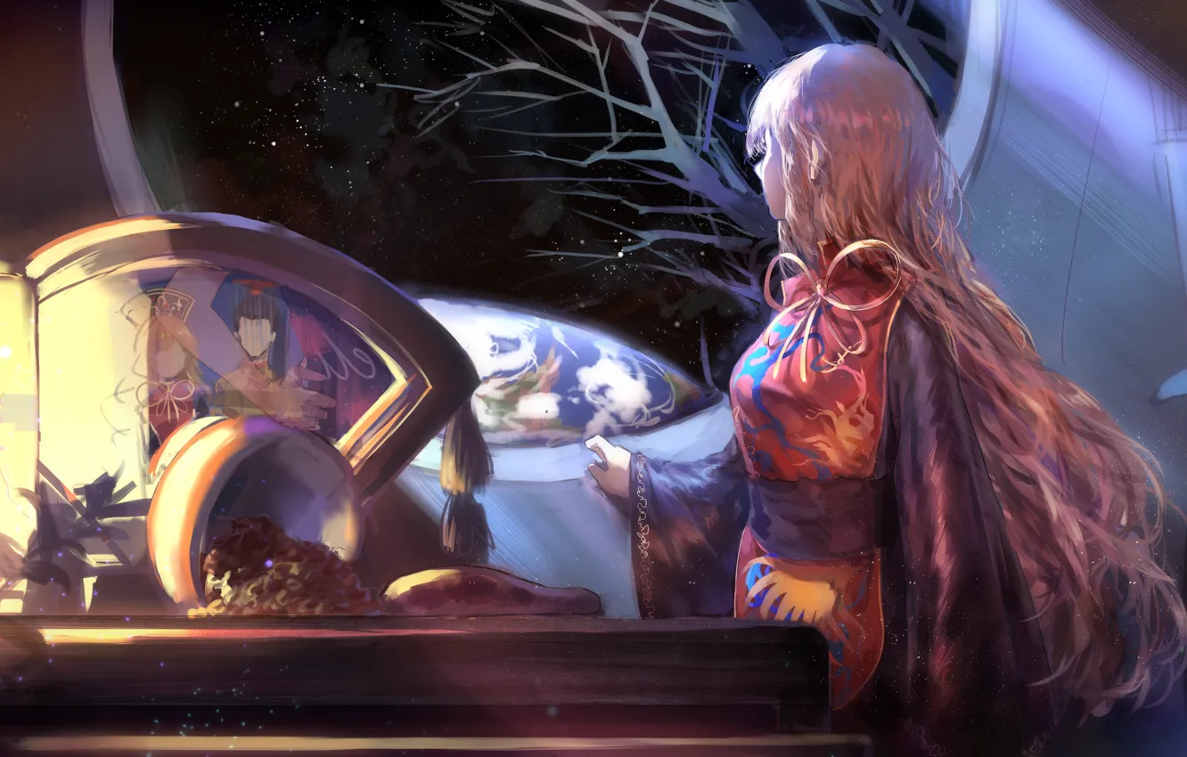 Photo wallpaper night, table, window, Earth, lantern, long hair, touhou, starry sky