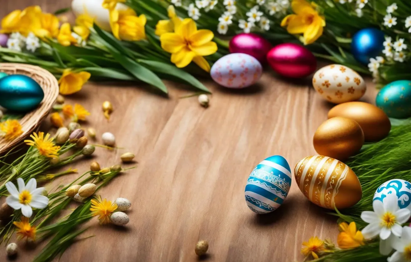 Photo wallpaper flowers, eggs, spring, colorful, Easter, flowers, spring, Easter