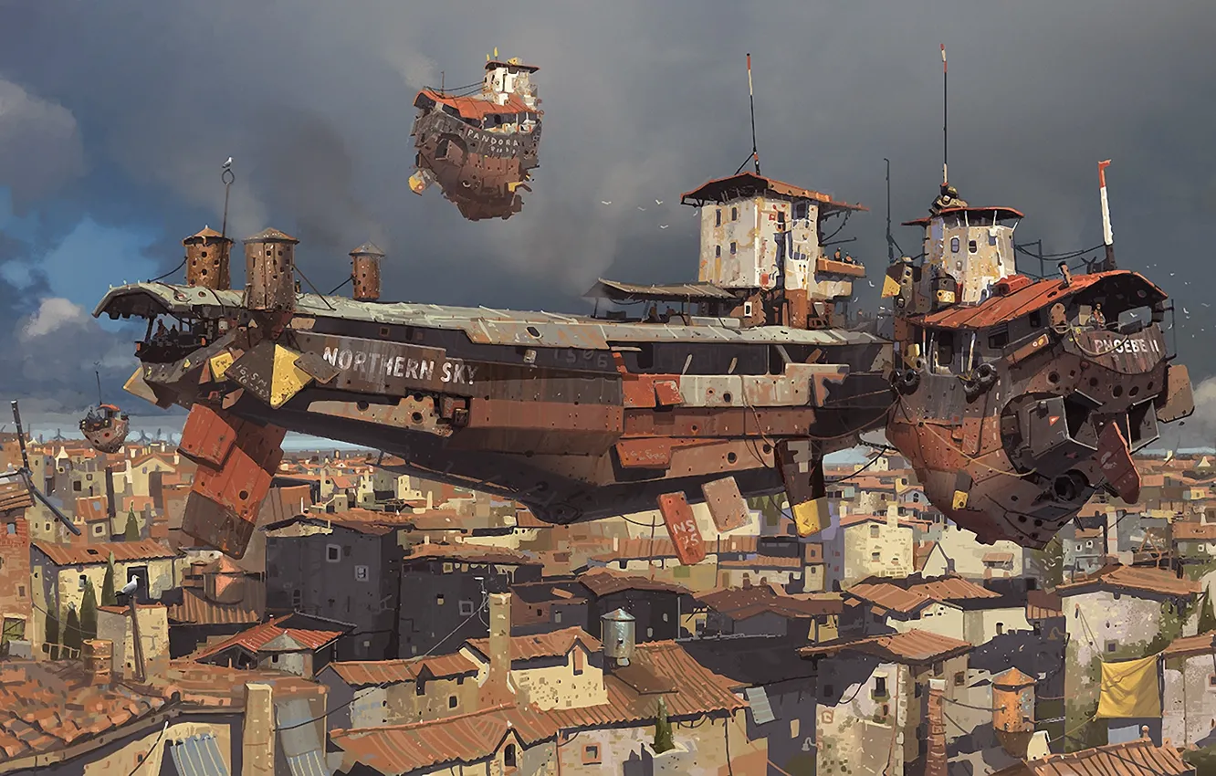 Photo wallpaper clouds, the city, home, ships, art, volatile, in the sky, ian mcque