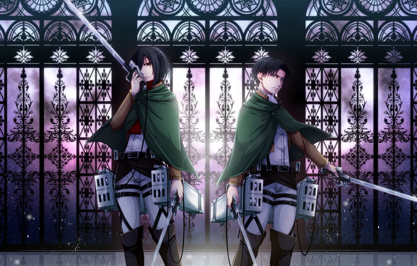 Photo wallpaper girl, weapons, guy, two, Attack on Titan, Shingeki no Kyojin, Mikasa Ackerman, Rivaille