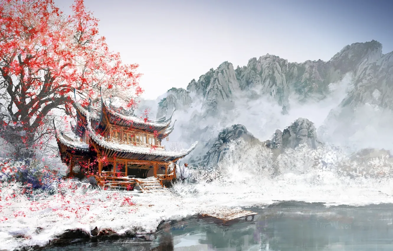 Photo wallpaper leaves, snow, mountains, fog, lake, tree, Asia, figure