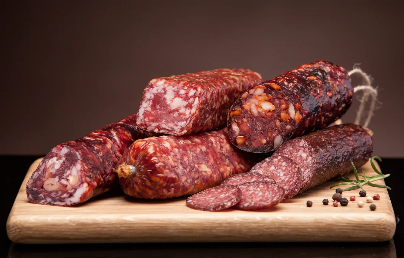 Photo wallpaper the cut, meat, a lot, sausage, delicious, on the table, cutting, delicious