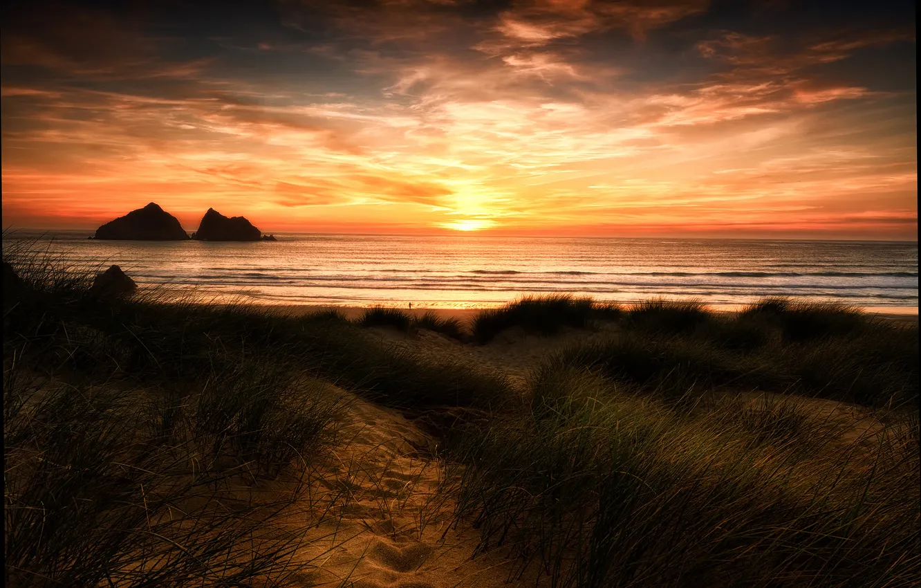 Photo wallpaper sand, beach, clouds, sunset, England, dunes, Cornwall