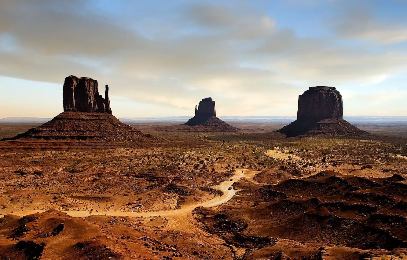 Photo wallpaper road, mountains, machine, hills, desert, America, Monument Valley, Monument valley