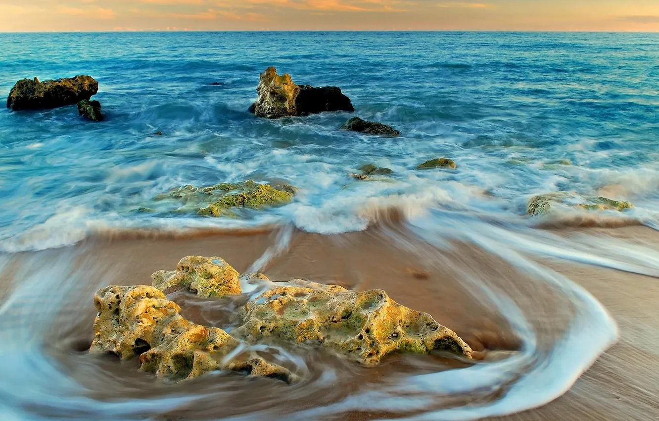 Photo wallpaper sand, sea, wave, stones, photo