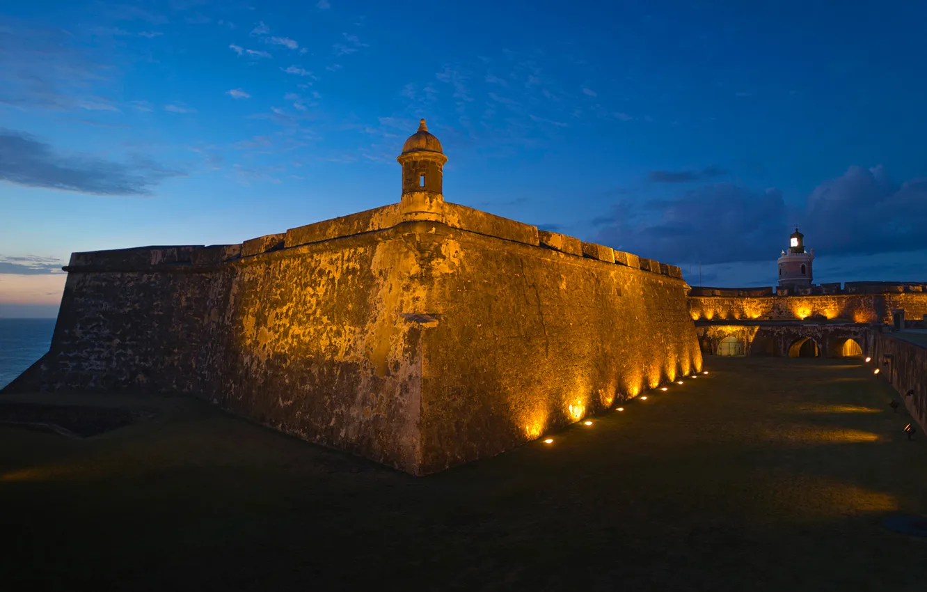 Photo wallpaper the sky, clouds, night, wall, lighthouse, tower, fortress